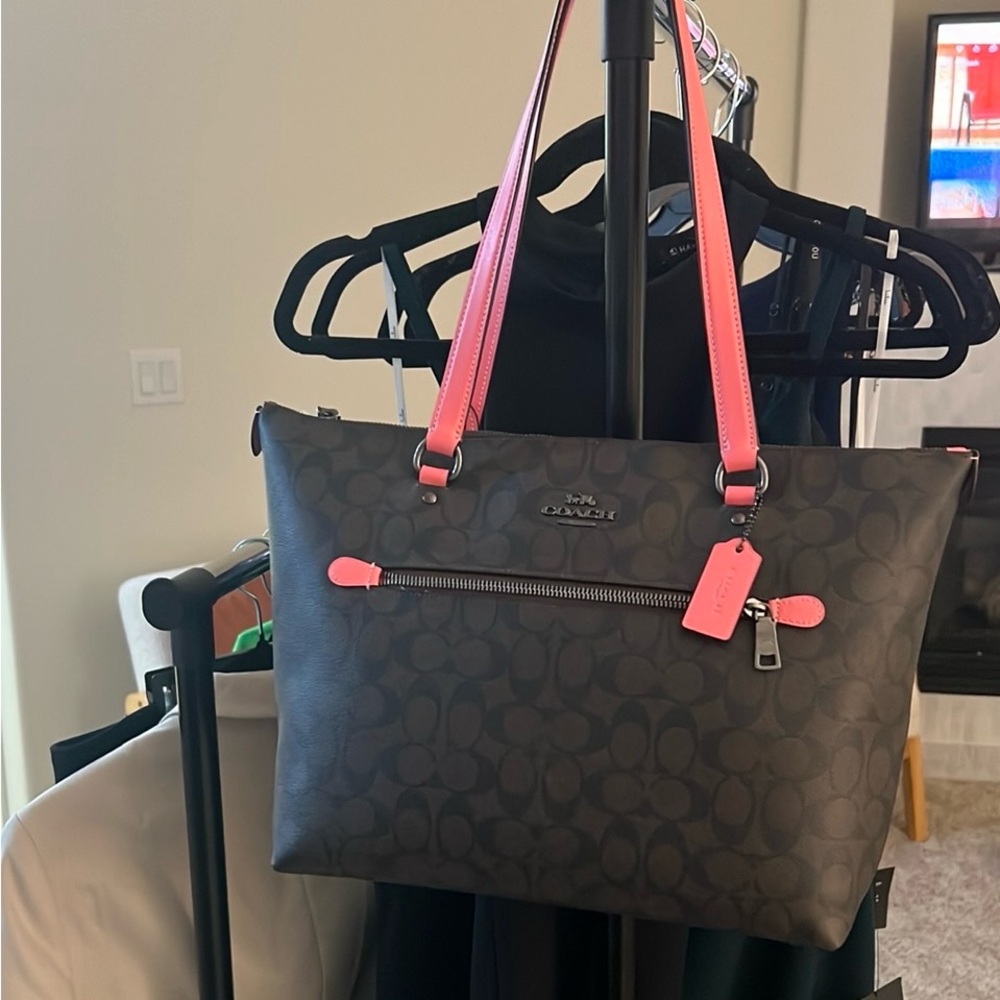 Coach Signature Tote with Pink Straps